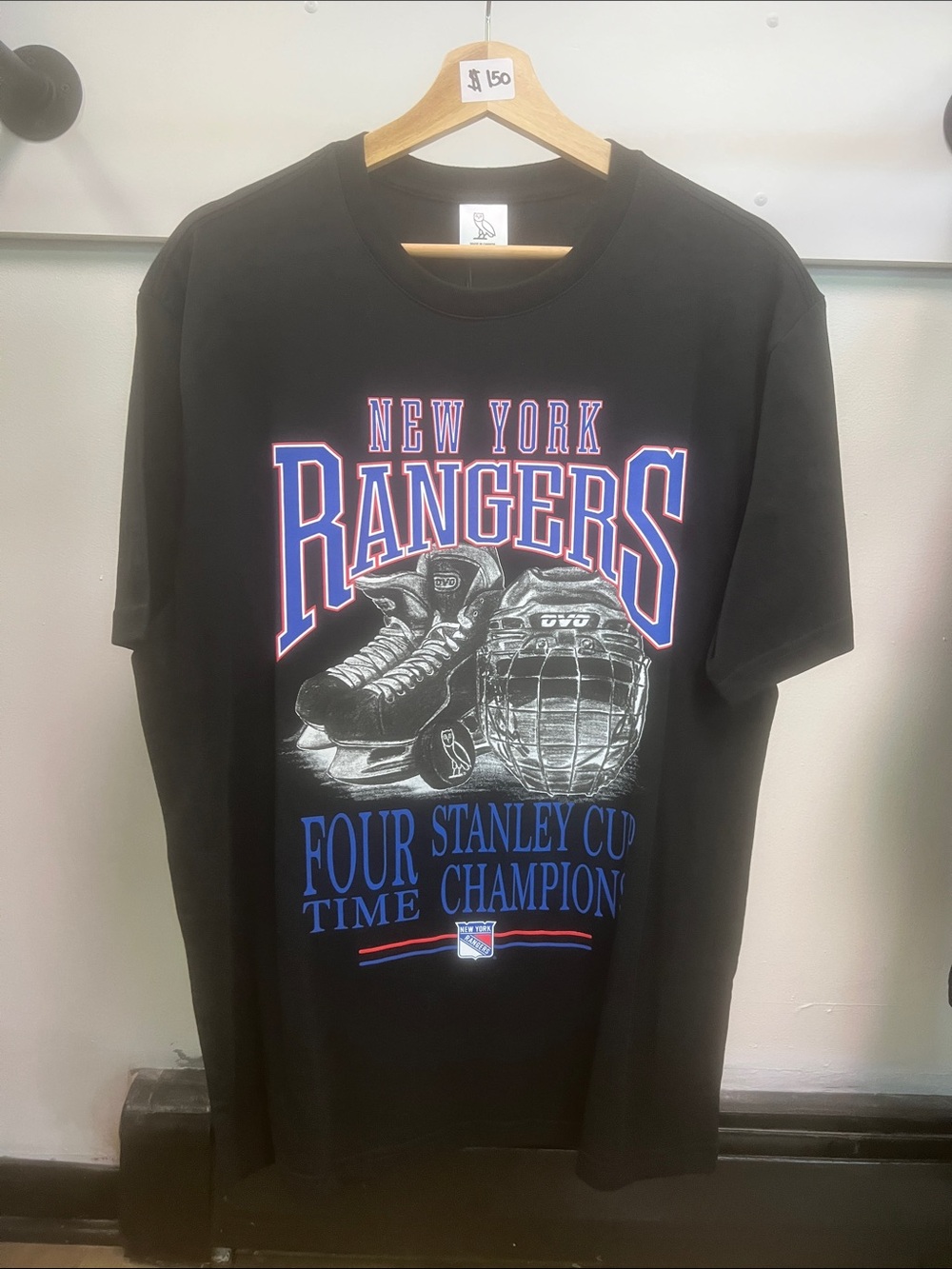 OVO Black New York Rangers Graphic Tee with Blue & Red Accents